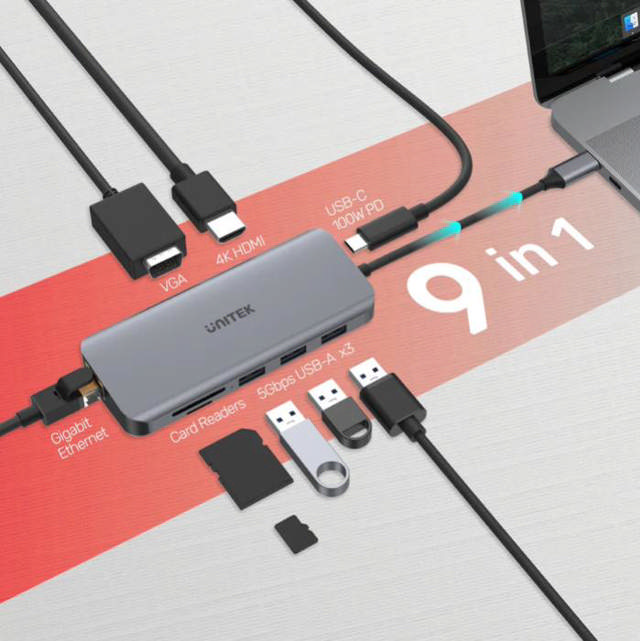 Unitek 9-in-1 USB-C 4K Hub Grey