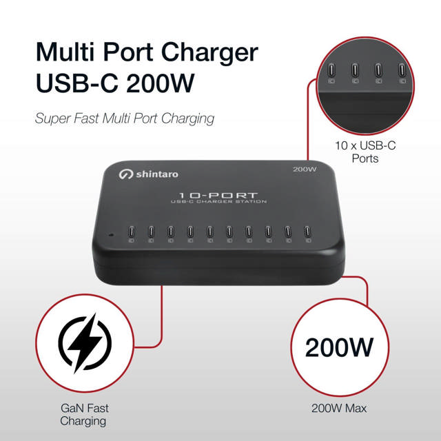 Shintaro 200W 10-Port USB-C GaN Charger