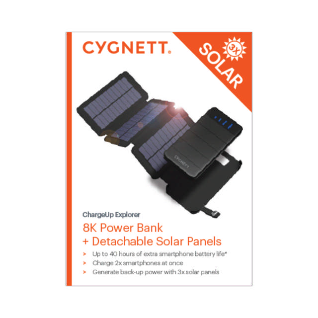Cygnett ChargeUp Explorer 8000mAh (8K) Power Bank w/Detachable Solar Panels  & LED Torch - Black