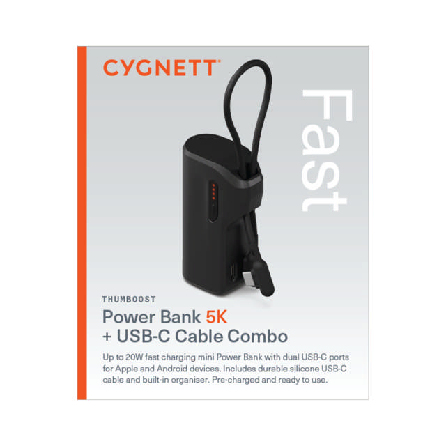 Cygnett ThumBoost 5000mAh (5K) Power Bank with Semi-Integrated USB-C Cable – Onyx Black