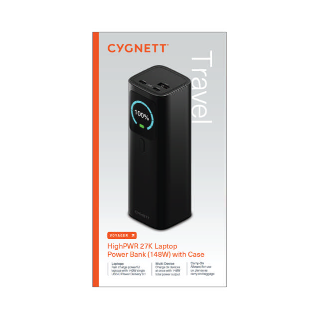 Cygnett Voyager HighPWR PD 3.1 148W 27000 (27K) Laptop Power Bank with Case - Black