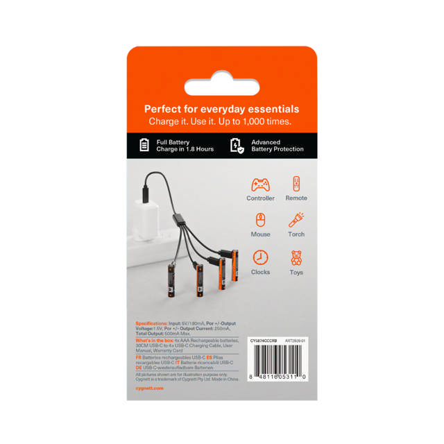 Cygnett AAA USB-C Rechargeable Li-ion Battery - 4 Pack - Black