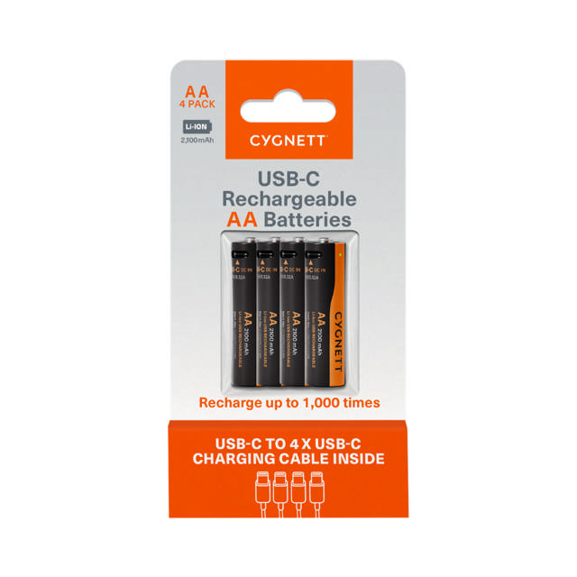 Cygnett AA USB-C Rechargeable Li-ion Battery - 4 Pack - Black