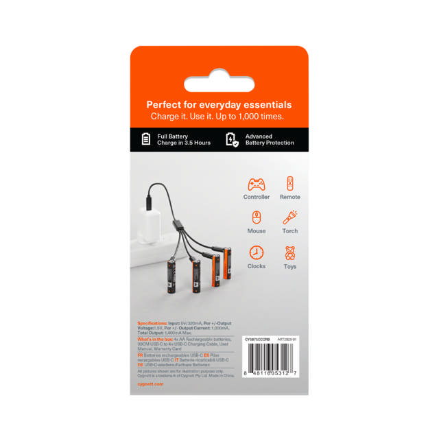 Cygnett AA USB-C Rechargeable Li-ion Battery - 4 Pack - Black