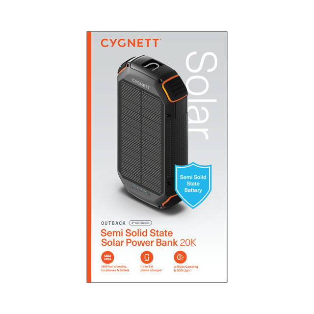 Cygnett Outback Gen 3 20000mAh (20K) Semi-Solid State Solar Power Bank - Black/Orange Trim
