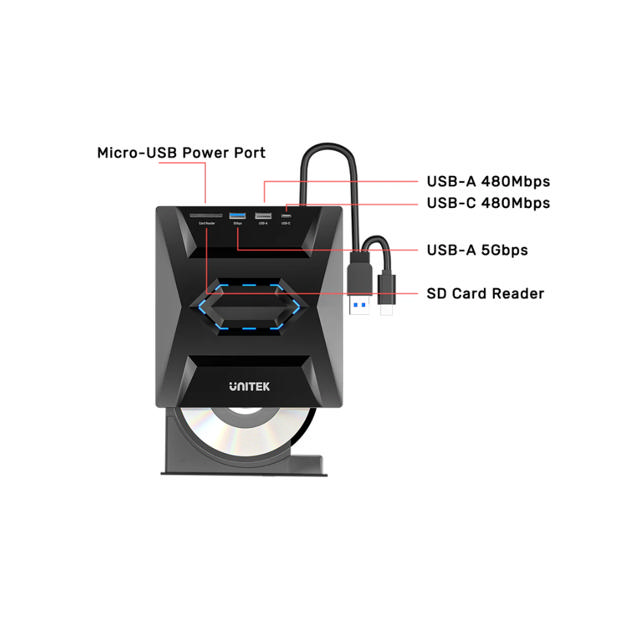 Unitek 5-in-1 External Optical Drive with USB Hub